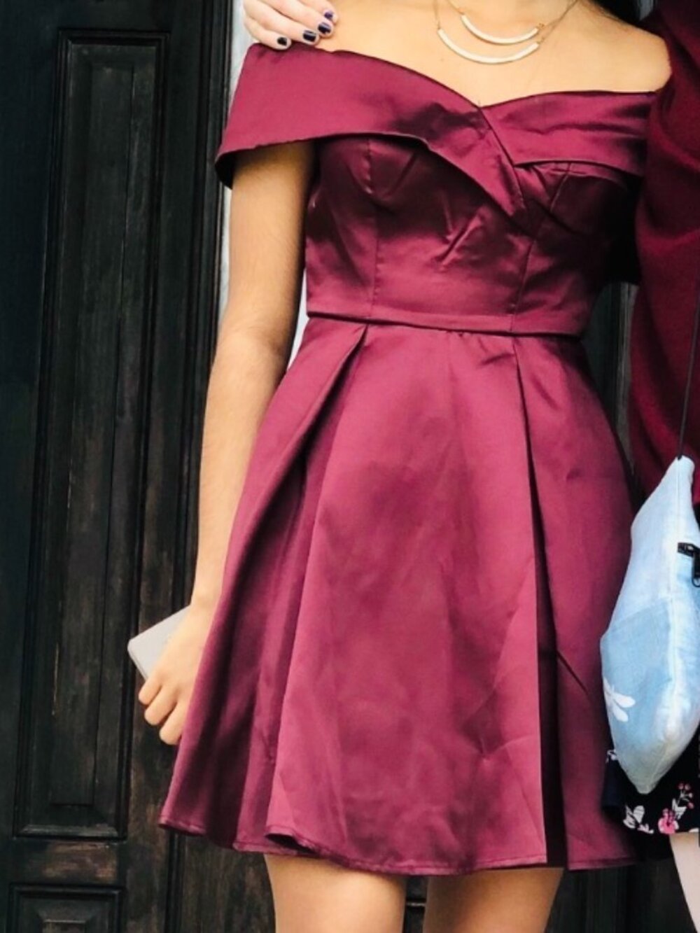 Burgundy Satin Off-the-Shoulder Fit & Flare Dress Women's Size 0